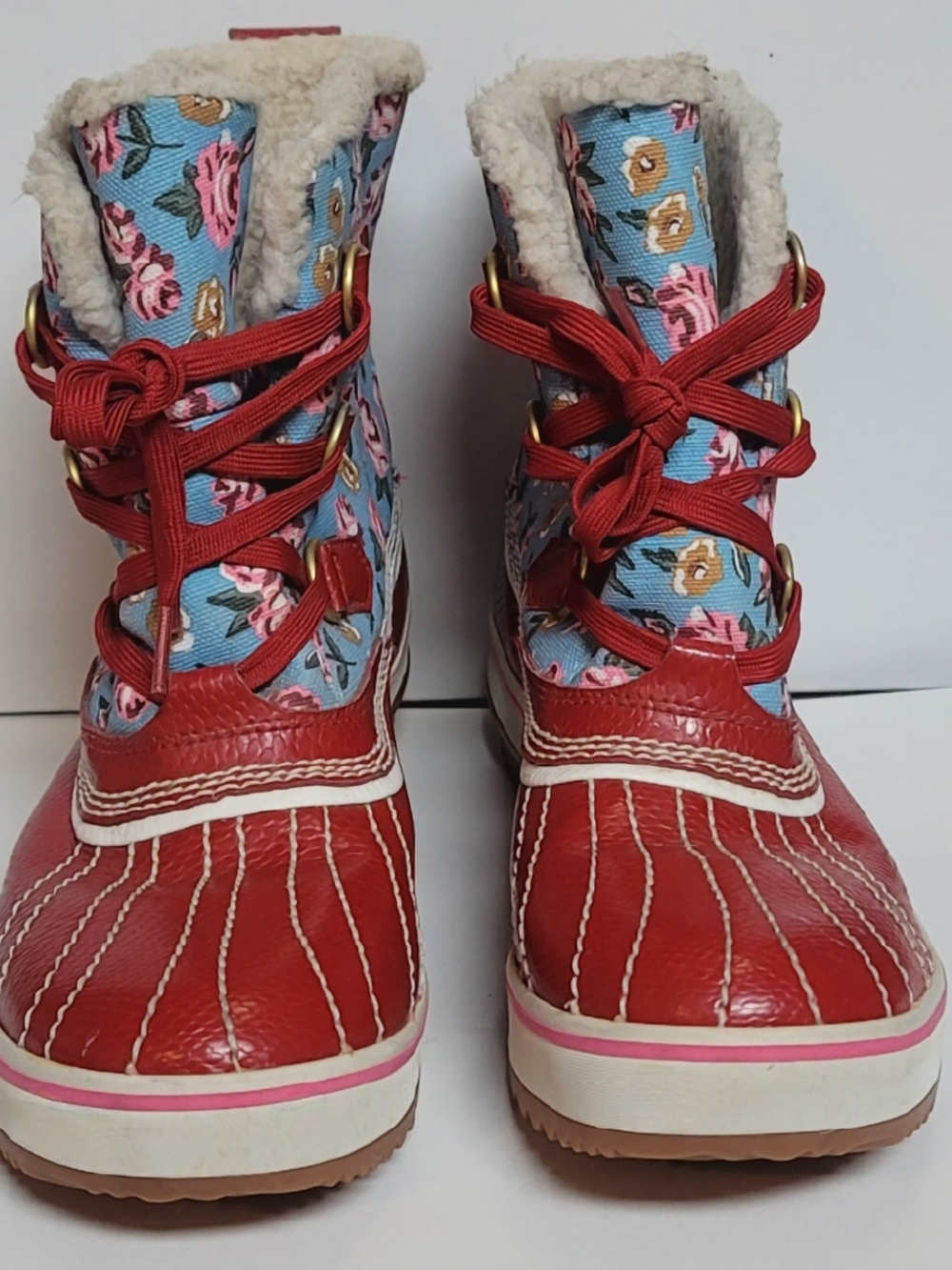 Sorel Red Leather and Blue Floral Lace-Up Boots